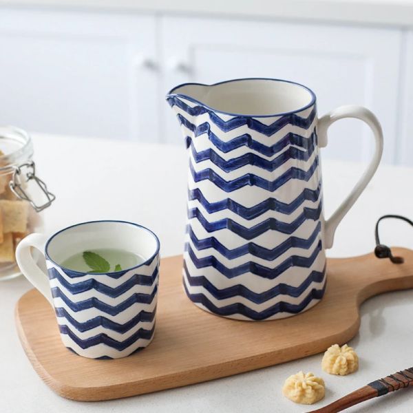 1,5 L Blue Ceramic Water Jug Milk Tea Juice Bouteille maison Cuisine Cuisine Cuisine Pot de bouilloire Mug Micro-ondes Alimentation