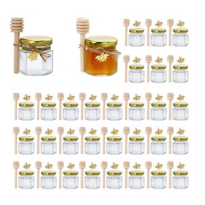 Mini pot en verre hexagonal de 1,5 oz avec cuillère en bois, couvercle doré, pendentif abeille, corde de jute, petits récipients, bouteilles pour confiture, bonbons, miel Bab 240113