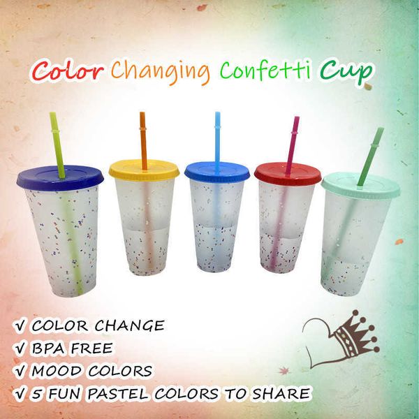 1/5pcs 700/473ml Confettis à couleur changeante Gobelet en plastique réutilisable avec couvercle et paille Coupe froide Drinkware Gadget de cuisine 210608