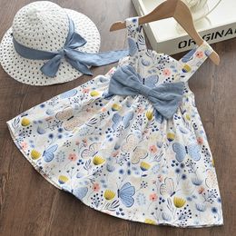 1-5t Toddler Baby Girls Summer Princess Dress +Hat Sets For Kids Girl Vacation Boho Mouwloze Ruches Floral Dress Girl Clade