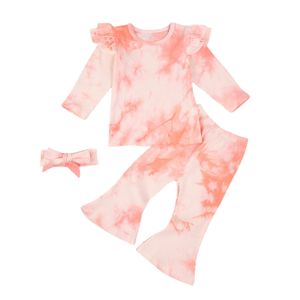 1-5Y Automne Printemps Enfant Enfant Fille Vêtements Ensemble Tie Dye Volants Tricoté Hauts Pantalons Flare Tenues Enfants Vêtements 210515