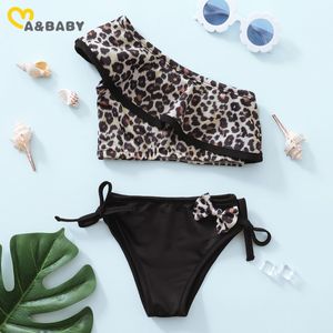 1-5Y été léopard enfant filles maillot de bain volants arc maillots de bain une épaule Bikinits ensemble maillot de plage vacances 210515