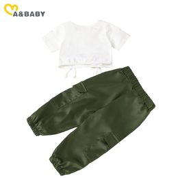 1-5Y Été Enfant Enfant Enfant Fille Vêtements Ensemble Blanc Bandage T-shirt Hauts Pantalon Vert Tenues Survêtements 210515