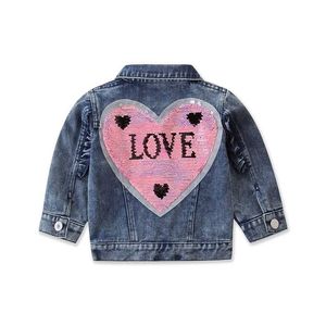 1-5 jaar kinderen herfst blauw revers lange mouwen denim jas met kralen hart-vormen sequin decoratie meisjes jas 211204