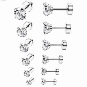 1/6 pares 18G acero inoxidable oreja Stud Piercing Barbell Studs juego de pendientes redondos Zirconia cúbica incrustada acero tamaño 2/4/5/6/8/10MM L230620