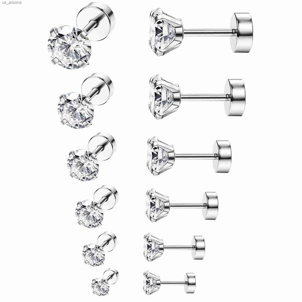 1/6 Paires 18G En Acier Inoxydable Oreille Stud Piercing Barbell Goujons Boucles D'oreilles Ensemble Rond Cubique Zircone Incrusté Acier Taille 2/4/5/6/8/10MM L230620