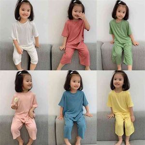 Conjunto de ropa de bebé de Color sólido de 1 a 6 años, pijamas de 2 uds para niños y niñas nacidos en Modal de verano, conjuntos de ropa para niños Unisex 210915