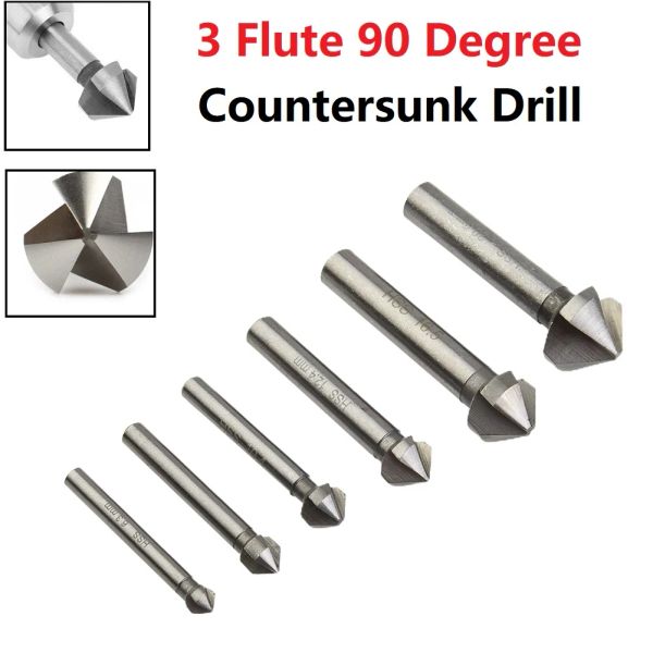 1/6pcs 3 flute Countersink Broad Bit 90 Grados Herramientas de chaflán Cortador de chaflán 6.3-20.5 mm Ayuntador de carpinter