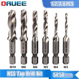 1/6 -stcs Tap Drill Bit Set Hex Shank Titanium Geplaatste HSS schroefdraad machinemachine M3 M4 M5 M6 M8 M10 Handgereedschap