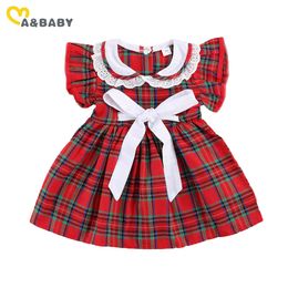 1-6Y Christmas Toddler Baby Kid Girls Plaid Dress Lace Bow Tutu Party es para el año de Navidad Red 210515