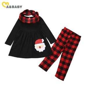 1-6Y Christmas Toddler Kid Baby Girls Conjunto de ropa Dibujos animados Santa Manga larga Túnica Top Pantalones a cuadros bufanda Trajes de Navidad 210515