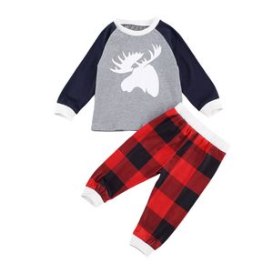 1-6Y Noël Toddler Kid Garçons Pyjama Ensembles Cerf À Manches Longues Top Plaid Pantalon De Noël Tenues Enfants Vêtements 210515