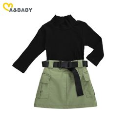 1-6Y Mode Enfant Kid Filles Vêtements Ensemble Pulls noirs Tops Ceinture Jupes Tenues Automne Hiver Ensembles pour enfants 210515