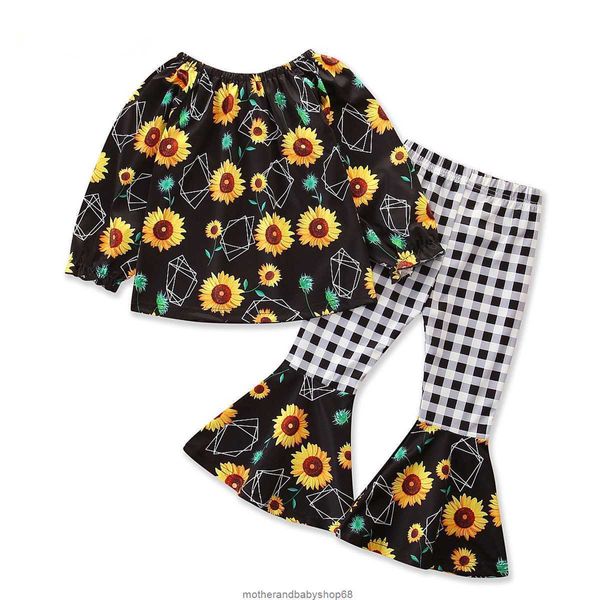 1-6y primavera otoño niños chico bebé niña ropa conjunto girasol manga larga Tops pantalones acampanados trajes florales 210515