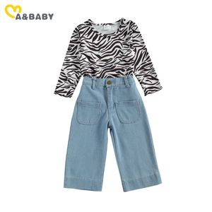 1-6Y printemps automne enfant en bas âge enfant enfant filles tenues à manches longues léopard t-shirt Denim pantalon jean enfants Costumes 210515