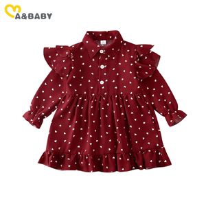 1-6Y printemps été enfants enfant fille robe rouge à manches longues coeur imprimé volants robes pour filles tenues décontractées 210515