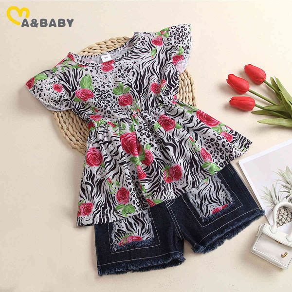 1-6Y Summer Casual Kid Enfants Bébé Fille Vêtements Ensemble Leoaprd Fleur T-shirt Denim Shorts Jeans Tenues Costumes 210515