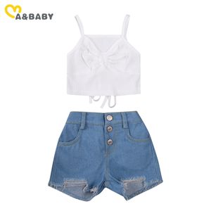 1-6Y été enfant enfant fille vêtements ensemble tricoté arc sans manches gilet hauts jean Denim Shorts tenues Costumes 210515