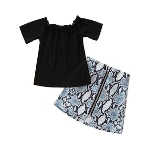 1-6Y Mode d'été Kid Enfant Filles Vêtements Ensemble Volants Noir T-shirt Top Jupes À Glissière Tenues Costumes 210515