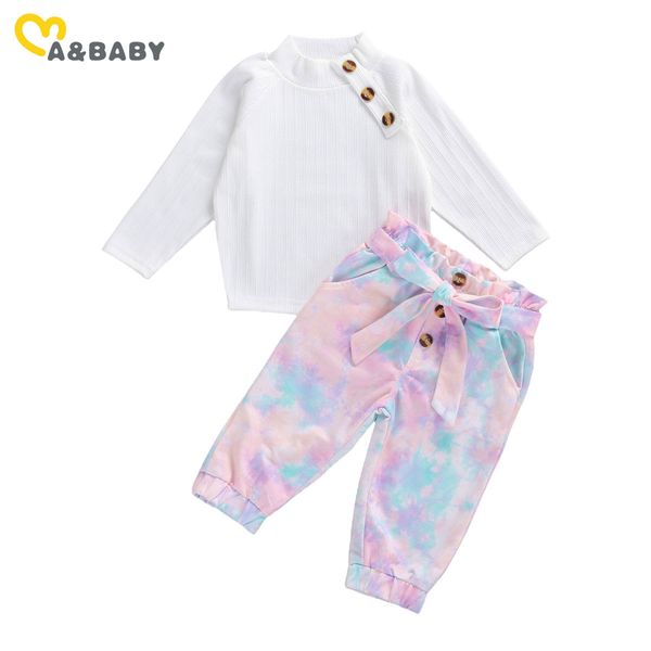 1-6Y Tie Dye, conjunto de ropa para niñas pequeñas, camiseta blanca de manga larga, pantalones con lazo, conjuntos de otoño para niños 210515