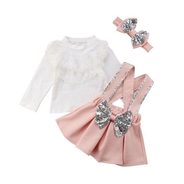 1-6Y enfant en bas âge enfant bébé filles vêtements ensemble à manches longues en dentelle volants t-shirt hauts + arc tutu sangle jupes princesse enfant costumes 210914