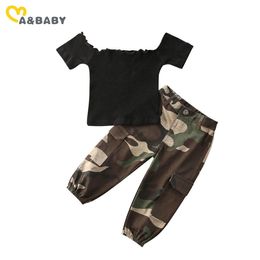 1-6Y Peuter Kid Kind Baby Meisjes Kleding Sets Off Shoulder Black T-shirts Tops + Camouflage Broek Outfits Kostuums 210515