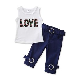 1-6 años, niños pequeños, niñas, sin mangas, estampado de amor, Camiseta de algodón, Tops, pantalones vaqueros, pantalones vaqueros, 2 uds., conjunto de ropa para niños y niñas