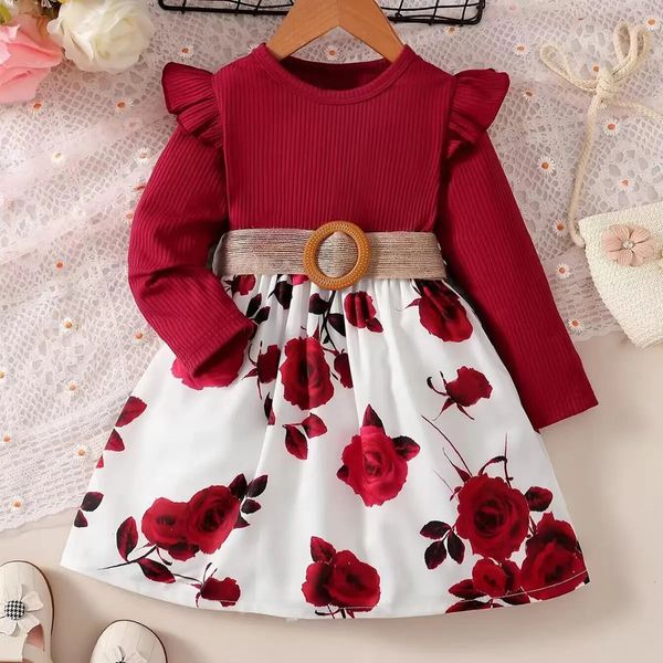 1 7 ans enfants filles année robe rouge à manches longues jupe à fleurs pour anniversaire fête de mariage porter mode automne tenues 231228