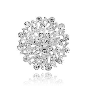 Accessoires de mariage, bijoux en alliage plaqué argent scintillant de 1.75 pouces et strass transparents, broche ronde en forme de fleur de soleil