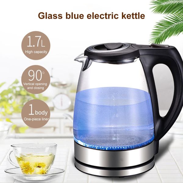 1.7L 220V Hervidor eléctrico Acero inoxidable Vidrio Salud Preservación Olla Calentador de agua eléctrico con luz LED azul Herramientas de cocina 240228