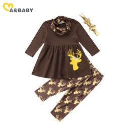 1-7Y Noël Enfant Kid Filles Vêtements Ensemble Volants À Manches Longues Tunique Top Gold Deer Pantalon Enfant Tenues Vêtements De Noël 210515