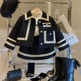1-7 ans filles Tweed tricoté tenues automne hiver bébé manteau et jupes costume de haute qualité enfant en bas âge vêtements ensemble de noël 240229