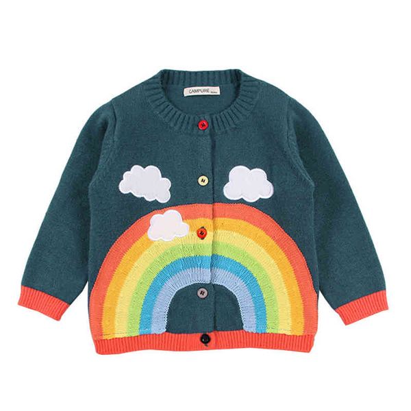 1-7 años niña otoño cardigan arco iris abrigos bordado suéter de punto niños niñas suéteres cálidos para niños ropa 210429