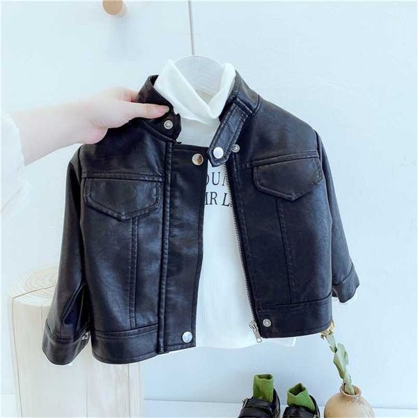 1-8T Toddler Kid Bébé Garçons Filles Printemps Vêtements Chaud PU Manteaux Biker Veste Pour Fille De Mode Streetwear Noir Zipper Outwear 211011