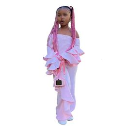 Ensemble de vêtements pour enfants de 1 à 8 ans, haut rose à manches longues et pantalon plissé, vêtements d'automne pour enfants et filles, 240225