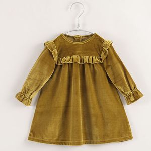 1-8 ans bébé filles robe printemps couleur unie à manches longues enfant en bas âge velours robes doux enfants velours vêtements princesse volants 210429