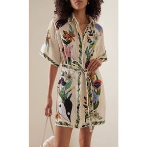 Robe chemise en lin à imprimé Floral, avec ceinture, simple boutonnage, manches courtes, taille collectée, robes de vacances, 1.9