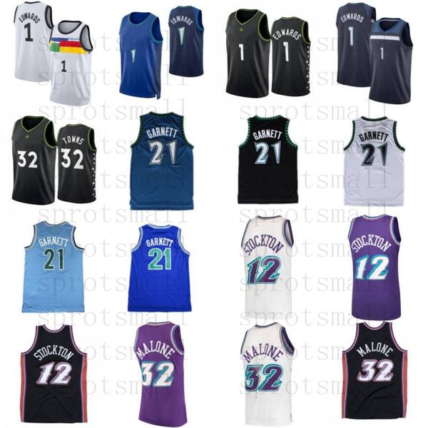 1 Anthony Edwards 32 -Anthony Towns City Camisetas de baloncesto para hombre 21 Kevin Garnett 32 Malone 12 John Stockton Camisa retro