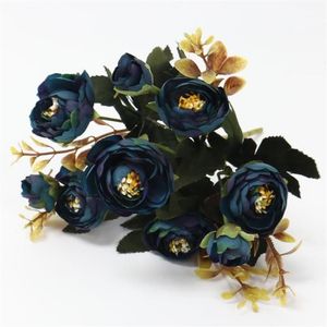 1 Bouquet 9 têtes tissu de soie artificielle fausses fleurs feuille pivoine florale maison fête de mariage décor à la maison bleu rose petit bouquet 1262b