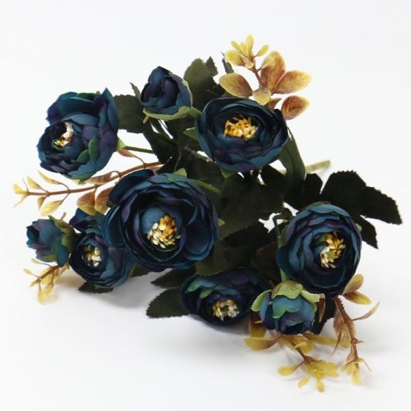 1 Bouquet 9 Head Tissu de soie artificielle Fausses Fleurs feuilles Peony Floral Home Wedding Party Home Decor Blue Rose Small Bouquet1 218C