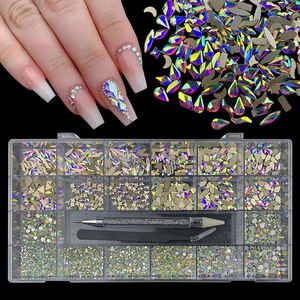 1 boîte Luxury Luxury Diamond Nail Art Art Rhingestones Kit en verre décorations de cristal en verre 1PCS Pick Up Pen in Grids Box 21 Formes 240510