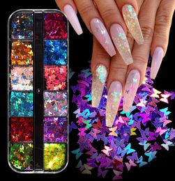 1 boîte 12 grilles mixtes Nail Art déco papillon Patch symphonie étoile papillon Fluorescent bricolage Nail Art décoration paillettes 7715021