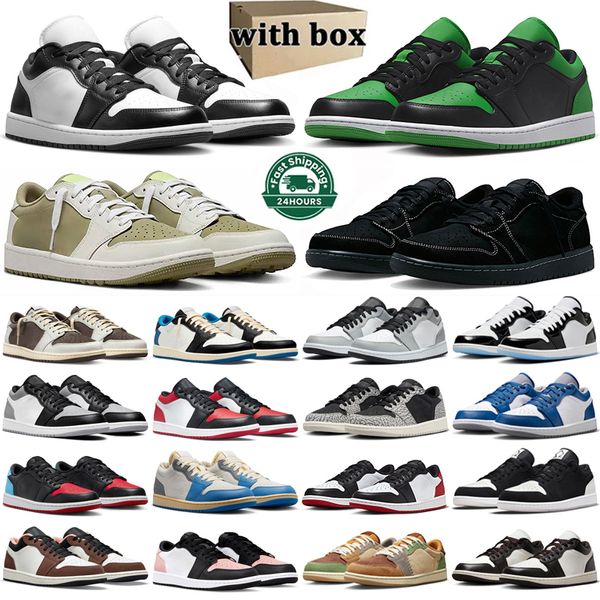 Avec boîte Jumpman 1 Low 1S Chaussures de basket-ball Hommes Femmes Noir Blanc Panda Chance Vert Golf Olive Noir Phantom Wolf Gris Ciment Hommes Baskets Sport Baskets Taille 36-47