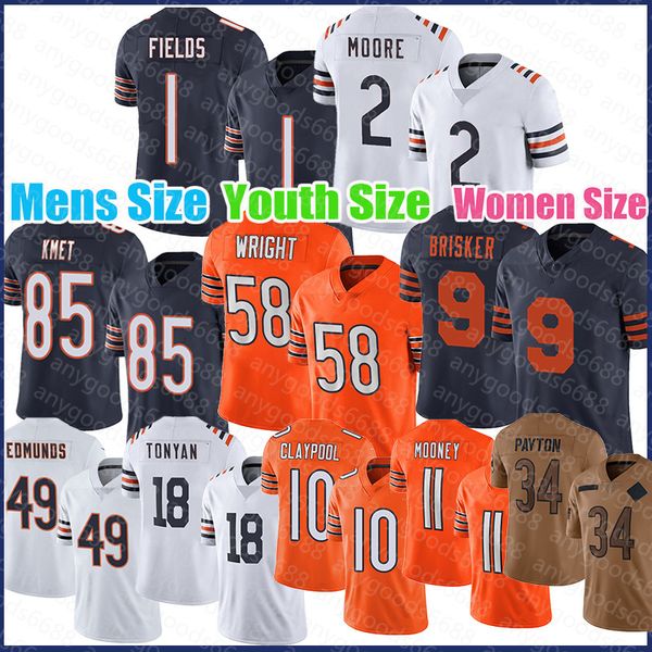 2 DJ Moore 1 Justin Fields Jersey de fútbol Cole Kmet Darnell Wright Hombre Jaquan Brisker Tremaine Edmunds Robert Tonyan Chase Claypool Darnell Mooney Walter Payton