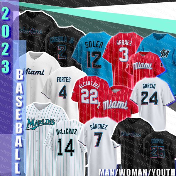 Jazz Chisholm Jr. Camisetas de béisbol Miami Jon Berti Marlins Nick Fortes Bryan De La Cruz Jorge Soler Luis Arraez Sandy Alcántara Avisail García Jesús Sánchez Max Meyer