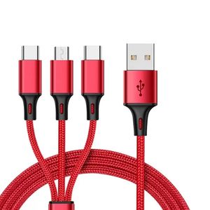 Cable de datos 3 en 1 de 1 metro, 2 m, núcleo de cobre, trenzado de nailon, antiestiramiento, multipuerto, Android V8, tipo C, 2a, carga rápida, Cable de carga para teléfono móvil