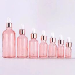 1 oz Botella de la botella de rosa de la botella de la mano 30 ml 50ml 100 ml con pipetas de vidrio Golden tapas de tintura vacía para aceites esenciales, perfume rosa