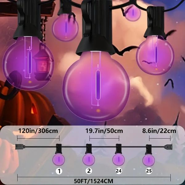 1 paquet de guirlandes lumineuses violettes à LED G40 pour Halloween, guirlande lumineuse d'extérieur de 50 pieds, lampes suspendues étanches homologuées UL avec 25 ampoules incassables (+ 2 ampoules supplémentaires)