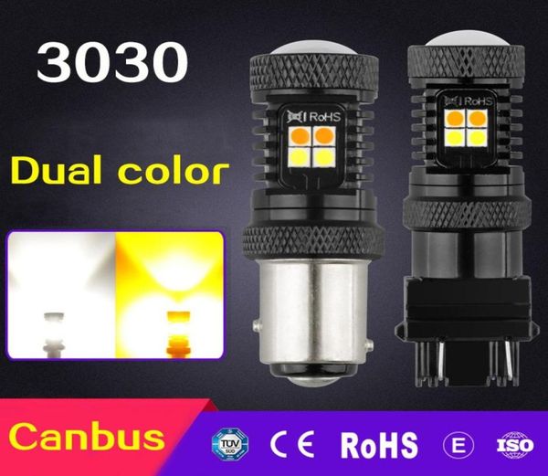 1 par 3030 16SMD 1157 señal de giro bicolor DRL lámpara de freno bombilla de coche T20 7443 Canbus BA15D T25 3157 bombilla LED 6013519