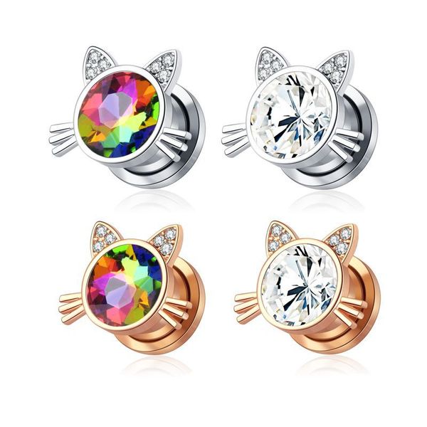 1 paire de boucles d'oreilles chat, jauges de bouchons d'oreille en acier inoxydable avec vis en diamant, extenseur d'oreille, civière de Tunnel, bijoux de perçage 6-8mm